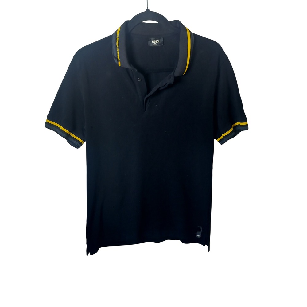 Fendi Roma‎ Mens Black Yellow Striped Short Sleeve Polo Shirt Made in Italy XL